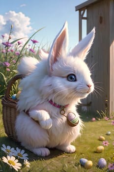 White bunny with Easter eggs in nature. AI generated image.