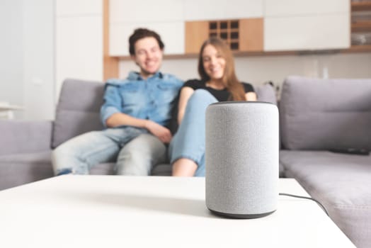 Couple talking command to smart speaker. Intelligent assistant in smart home system.