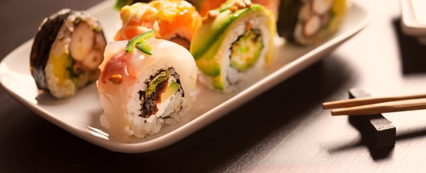 Sushi roll set on plate. Japanese Asian traditional food front view