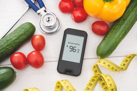 Glucometer with fresh vegetables. Healthy food, diet and nutrition