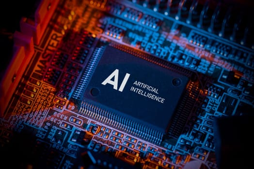 Artificial intelligence concept with computer chip. AI microprocessor closeup.