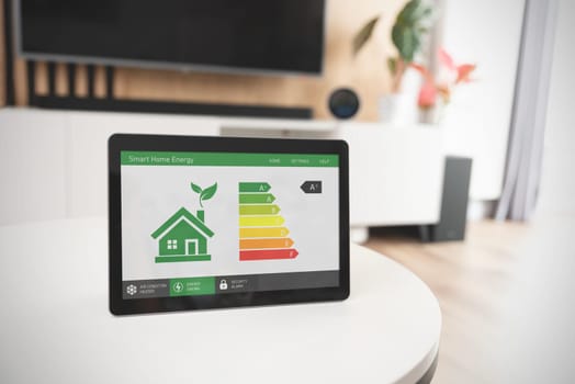 Energy efficiency mobile app on screen, eco smart home