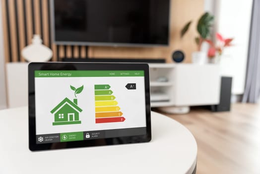 Energy efficiency mobile app on screen, eco smart home