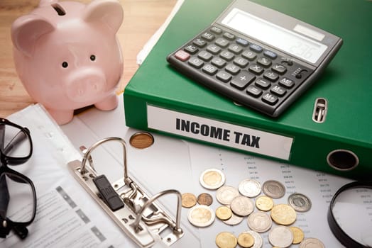 Income tax concept with piggy bank and binder