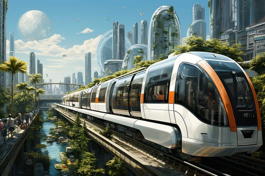 Modern train at a station in the city of the future. Future technologies.
