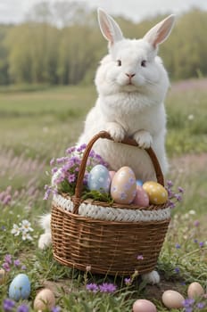 White bunny with Easter eggs in nature. AI generated image.