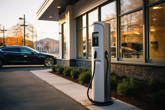 Electric car charging station. Preserving a clean environment. Switching to electric energy.