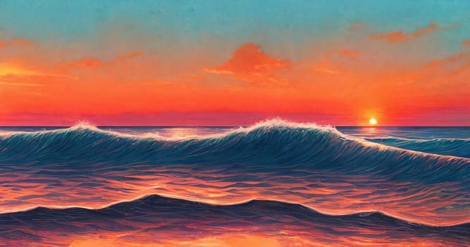 Sunset over the sea, waves on the foreground, panorama