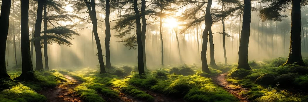 Serene beauty of a misty forest at sunrise, with the soft light filtering through the trees creating a magical atmosphere