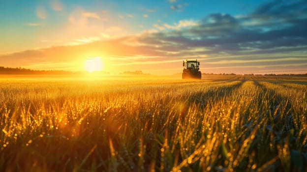 An early morning farmer's field, dew on crops, sunrise casting a golden glow, tranquil and fertile landscape. Resplendent.