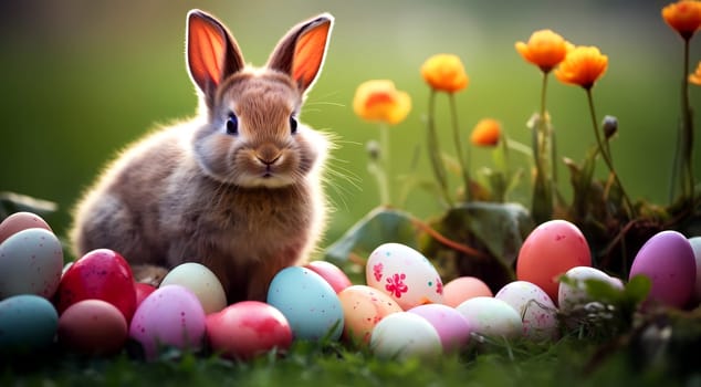 Festive Easter background with painted eggs in a wicker basket. AI generated.