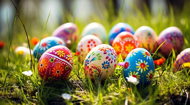Festive Easter background with painted eggs in a wicker basket. AI generated.