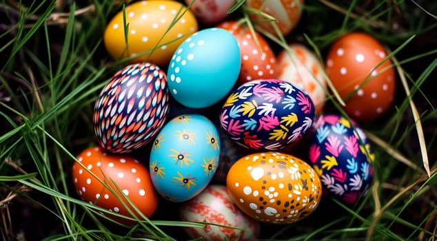 Festive Easter background with painted eggs in a wicker basket. AI generated.