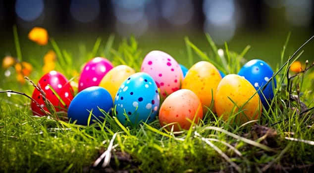 Festive Easter background with painted eggs in a wicker basket. AI generated.