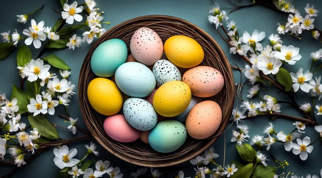 Easter - painted eggs in a basket on the grass in the sunlight. AI generated.