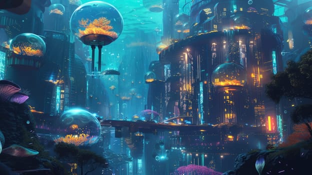 An underwater city with bioluminescent coral, schools of colorful fish, and ancient ruins, all illuminated by the eerie glow of an underwater volcano. Resplendent.