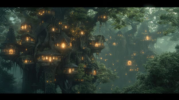 A fantasy scene of a hidden elven city in an ancient forest, with magical treehouses and glowing lights. Resplendent.