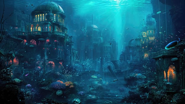 An underwater city with bioluminescent coral, schools of colorful fish, and ancient ruins, all illuminated by the eerie glow of an underwater volcano. Resplendent.