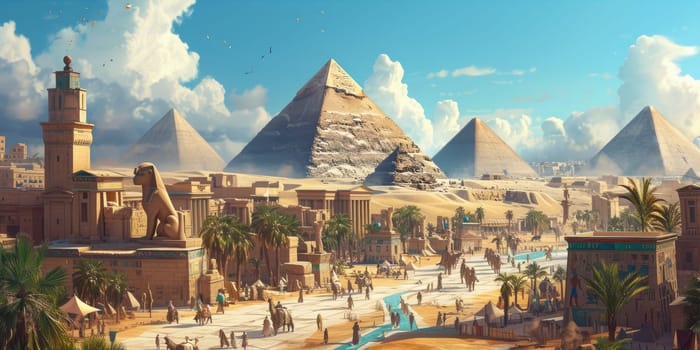 An ancient Egyptian city at the peak of its glory, with pyramids, Sphinx, and bustling markets. Resplendent.