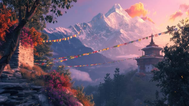 A serene temple adorned with colorful prayer flags stands against the backdrop of majestic snowy mountains illuminated by the sunrise. Resplendent.