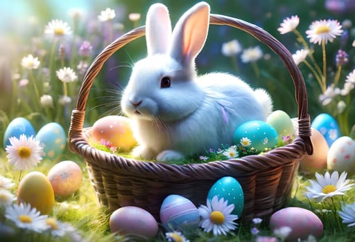 White bunny with Easter eggs in nature. AI generated image.