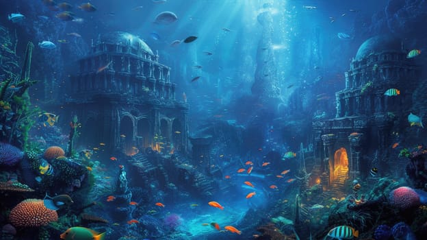 An underwater city with bioluminescent coral, schools of colorful fish, and ancient ruins, all illuminated by the eerie glow of an underwater volcano. Resplendent.