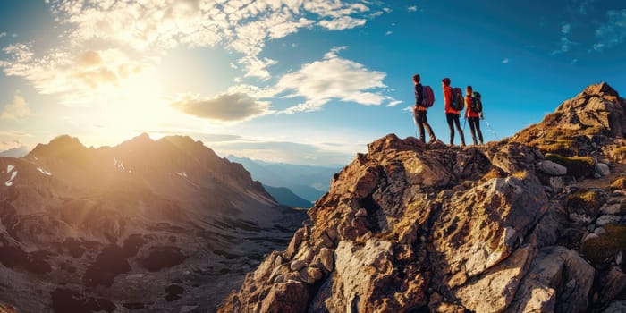 A group of friends on a hiking adventure, panoramic mountain views, capturing the spirit of friendship and exploration. Resplendent.