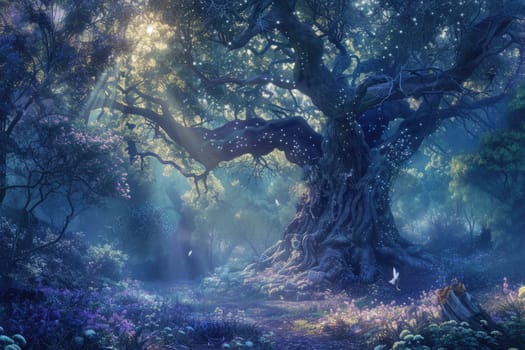 A magical forest at twilight, ethereal light filtering through trees, fairies dancing around an ancient oak. Resplendent.