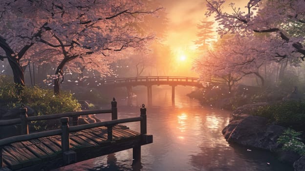 A serene Zen garden at sunrise, with a gently flowing stream, cherry blossoms in full bloom, and a quaint wooden bridge. Resplendent.