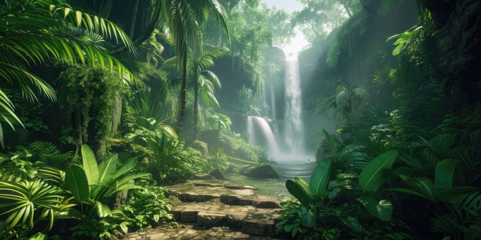 A serene waterfall cascades gently into a crystal-clear pool within the dense greenery of a sunlit tropical rainforest, inviting a sense of peace and natural beauty. Resplendent.