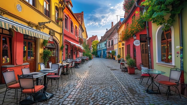 Quaint European street with colorful facades and cobblestones. A picturesque cobblestone street lined with colorful buildings and outdoor cafes in a quaint European town. Resplendent.