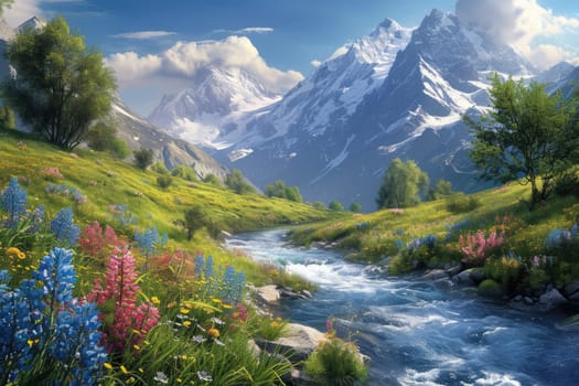 Vibrant wildflowers and a mountain stream with snowy peaks in the background. Resplendent.