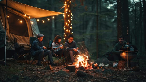 A fun camping event with a group of people sitting around a tent, enjoying the warmth of a fire, amidst the beautiful forest landscape. AIG41