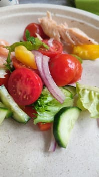 fresh vegetable salad, tomatoes, cucumbers, sweet peppers, food on a plate. High quality photo