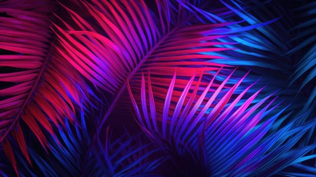 Light and shade on palm leaf background, blue purple toned. Tropical AI background
