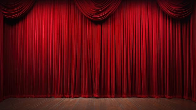 Closed crumpled red curtain over empty theater stage. AI