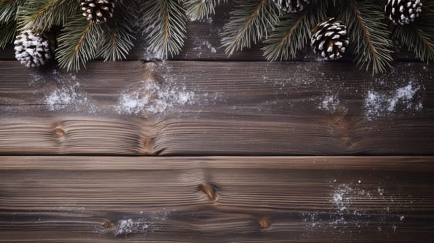 Christmas frame of pine branches, fir cones on wooden background. AI Flat lay, top view, copy space