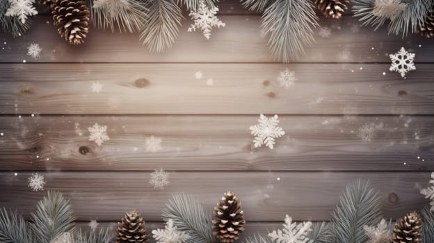 Christmas frame of pine branches, fir cones on wooden background. AI Flat lay, top view, copy space