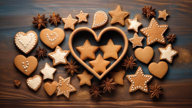 Cookie Cutter Day banner. Cookies and cookie cutters on wooden background AI