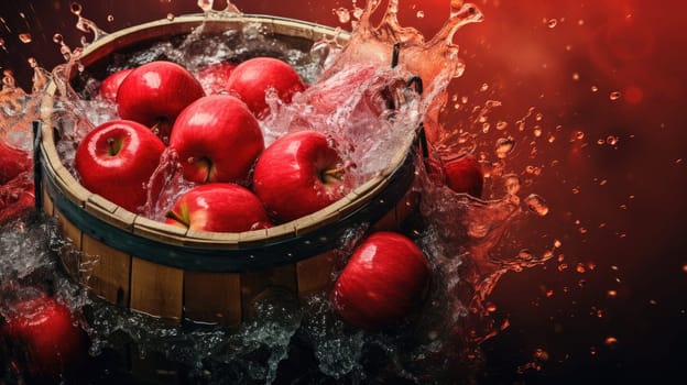 Tub or barrel filled with water and apples for the Halloween custom of Apple Bobbing. AI banner