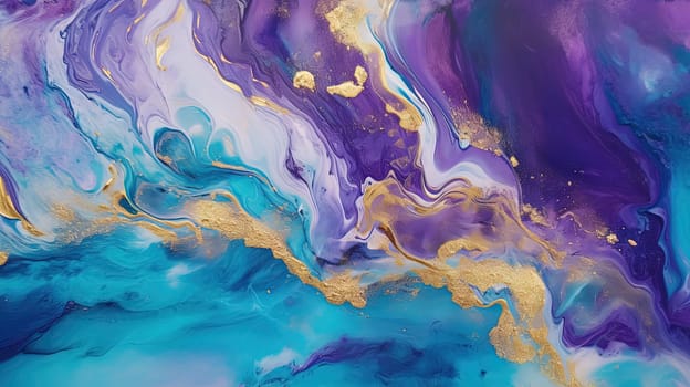 Abstract artistic background with blue and purple marble and golden paint stains. Generated AI