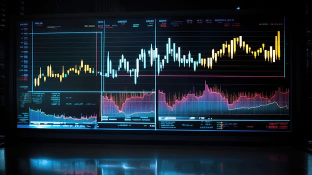 Stock market growth graph, financial neon chart on screen in modern office. Ai banner