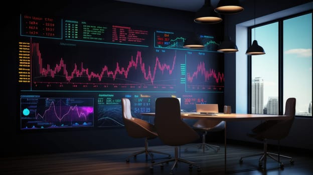 Stock market growth graph, financial neon chart on screen in modern office. Ai banner