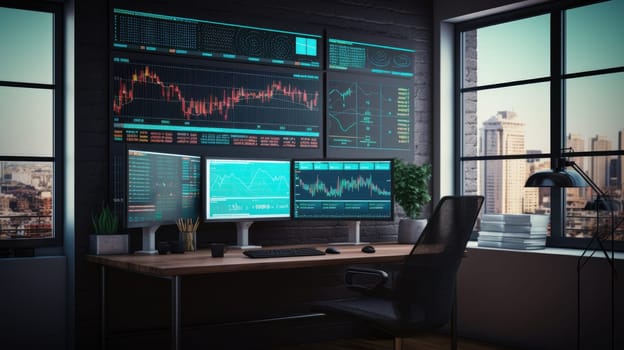 Stock market growth graph, financial neon chart on screen in modern office. Ai banner