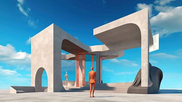 Abstract architecture surreal building. Dream scene with epic architectural abstraction under the blue sky. Generated AI