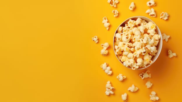 Popcorn viewed from above on yellow background. Flat lay of pop corn bowl. Top view AI