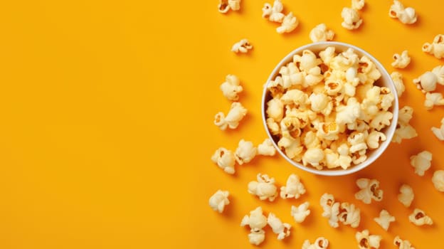 Popcorn viewed from above on yellow background. Flat lay of pop corn bowl. Top view AI