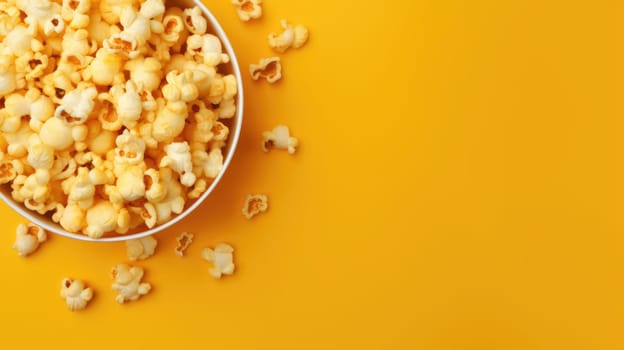 Popcorn viewed from above on yellow background. Flat lay of pop corn bowl. Top view AI