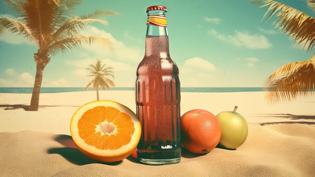 Bottle with fruit water or alcohol in the sand of the beach. Vacation scene with lemonade bottle on the shore line. Generative AI