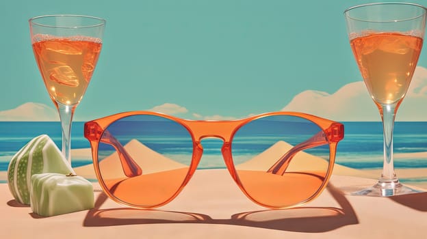 Glasses in the sand of the beach. Vacation scene with sunglass on the shore line. Generative AI